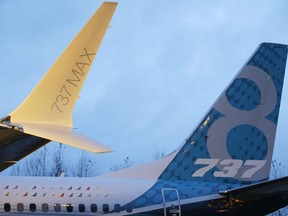 A winglet and the vertical stabilizer of the first Boeing 737 MAX airplane to roll off Boeing's assembly line in Renton, Wash., are shown before an employee-only rollout event.