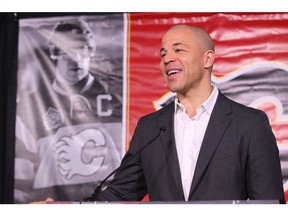 Jarome Iginla reacts during a luncheon and media conference in Calgary at the Saddledome Friday, March 1, 2019. Iginla's jersey will be retired at a pre-game ceremony on Saturday night. Jim Wells/Postmedia