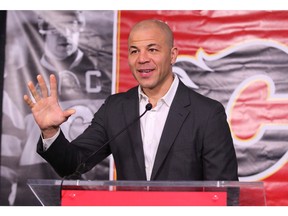 Jarome Iginla reacts during a luncheon and media conference in Calgary at the Saddledome Friday, March 1, 2019. Iginla's jersey will be retired at a pre-game ceremony on Saturday night. Jim Wells/Postmedia