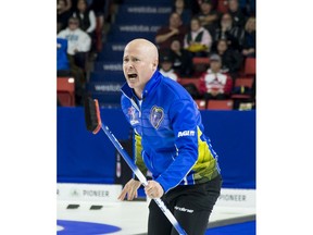 Team Alberta skip Kevin Koe celebrates his win over Team Wild Card during at the Brier in Brandon, Man. Sunday, March 10, 2019.