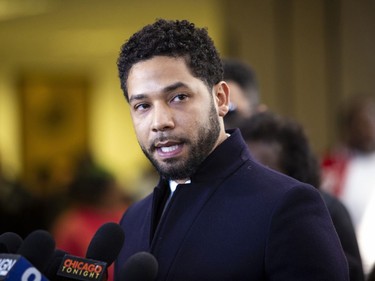 Actor Jussie Smollett speaks to reporters at the Leighton Criminal Courthouse in Chicago after prosecutors dropped all charges against him, Tuesday, March 26, 2019.