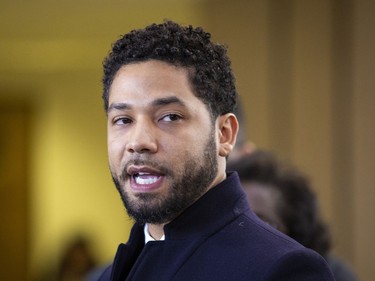 Actor Jussie Smollett speaks to reporters at the Leighton Criminal Courthouse in Chicago on Tuesday March 26, 2019, after prosecutors dropped all charges against him. Smollett was indicted on 16 felony counts related to making a false report that he was attacked by two men who shouted racial and homophobic slurs.