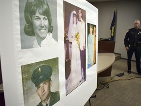 Photos of Linda and Clifford Bernhardt, who were killed in 1973, are displayed at a press conference at the Yellowstone County administrative offices in Billings, Montana on Monday, March 25, 2019.