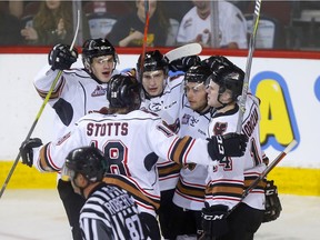 Calgary Hitmen scorer James Malm celebrates his goal on Lethbridge Hurricanes goalie, Carl Tetachuk in second period WHL Play-Off action at the Scotiabank Saddledome in Calgary on Thursday, March 28, 2019. Darren Makowichuk/Postmedia