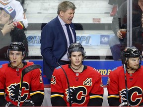 Calgary Flames during a break in play while facing the Dallas Stars in NHL hockey at the Scotiabank Saddledome on Wednesday, March 27, 2019.