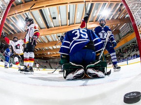 The Calgary Inferno score during Game 2 Saturday of their series with the Toronto Furies at WinSport.