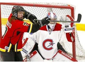 The Calgary Inferno have their work cut out for them in facing talented Les Canadiennes De Montreal goalie Emerance Maschmeyer in Sunday's winner-take-all CWHL title game. Postmedia file photo.