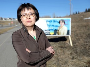 Calgary-Edgemont candidate Joanne Gui talks to media about hateful and racist comments on her campaign sign in Calgary on Thursday, March 21, 2019.