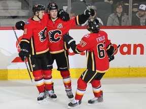 Matthew Tkachuk celebrates his third goal of the game into an empty net against the Vegas Golden Knights on Sunday, March 10, 2019, at the Saddledome.