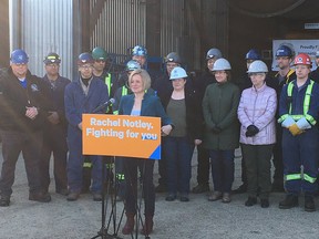 Alberta NDP leader Rachel Notley speaks during a media event at Cessco fabrication and engineering shop in Edmonton on Wednesday, March 20, 2019.