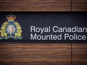 The RCMP logo is seen outside Royal Canadian Mounted Police "E" Division Headquarters, in Surrey, B.C., on April 13, 2018.