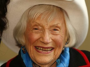 98-year-old Marthe Cohn, a former Jewish spy for the French army during the Second World War, is presented with a white hat as she arrives in Calgary prior to a speaking engagement at the Jack Singer Concert Hall Tuesday evening. Sunday, March 24, 2019. Brendan Miller/Postmedia