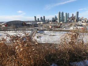 Panorama photo showing the Scotiabank Saddledome (left) the Calgary, Alta skyline and most of Victoria park on Thursday December 22, 2016.