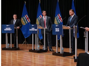 United Conservative Party leadership candidates from left; Jason Kenney, Doug Schweitzer, Brian Jean, and Jeff Callaway take part in a leadership debate at the Mount Royal Conservatory's Bella Concert Hall in Calgary in 2017.