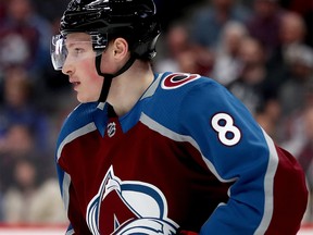 DENVER, COLORADO - APRIL 15: Cale Makar #8 of the Colorado Avalanche starts against the Calgary Flames in the first period during Game Three of the Western Conference First Round during the 2019 NHL Stanley Cup Playoffs at the Pepsi Center on April 15, 2019 in Denver, Colorado. (Photo by Matthew Stockman/Getty Images)