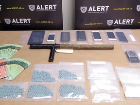Items seized by ALERT in Lethbridge, including close to 500 carfentanil pills.