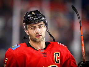 Calgary Flames Mark Giordano during the pre-game skate before facing the Vegas Golden Knights in NHL hockey at the Scotiabank Saddledome in Calgary on Sunday, March 10, 2019. Al Charest/Postmedia
