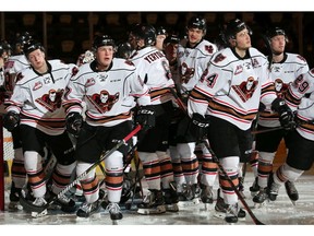 The Calgary Hitmen hit the ice at the start of their play-off game against the Lethbridge Hurricanes in Calgary on Sunday, March 31, 2019. The Hurricanes won the game 7-6 in overtime forcing a seventh game back in Lethbridge. Gavin Young/Postmedia