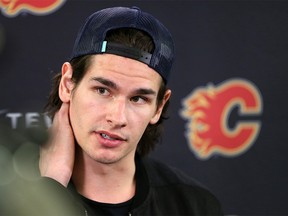 Calgary Flames forward Sean Monahan speaks with media as the team cleaned out their lockers on Monday April 22, 2019, following the Flames' early exit from the Stanley Cup playoffs.  Gavin Young/Postmedia