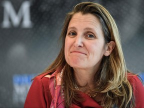 Foreign Minister Chrystia Freeland attends a press briefing on Media Freedom on April 5, 2019 in Dinard, Normandy, in the margins of the G7 Foreign ministers meeting to prepare the G7 Summit in Biarritz which will take place from Aug. 25 to 27, 2019.