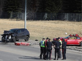 Calgary police investigate a fatal crash near the intersection of 52nd Street and Peigan Trail on Wednesday, April 17, 2019. Al Charest/Postmedia