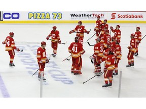 Calgary Flames after losing game five of the Western Conference First Round during the 2019 NHL Stanley Cup Playoffs at the Scotiabank Saddledome in Calgary on Friday, April 19, 2019. Al Charest/Postmedia
