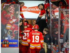 Calgary Flames forward Matthew Tkachuk makes his way back to the dressing room after losing Game 5 of the Western Conference First Round to Colorado Avalanche during the 2019 NHL Stanley Cup Playoffs at the Scotiabank Saddledome in Calgary on Friday, April 19. Photo by Al Charest/Postmedia.