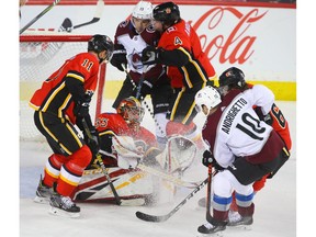 Calgary Flames goalie David Rittich makes a save on a shot by Colorado Avalanche during NHL hockey at the Scotiabank Saddledome in Calgary on Wednesday, January 9, 2019. Al Charest/Postmedia