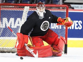 Mike Smith in goal during Calgary Flames practice on Wednesday.