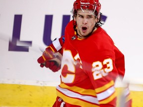 Calgary Flames Sean Monahan celebrates after scoring against the Colorado Avalanche in game two of the Western Conference First Round during the 2019 NHL Stanley Cup Playoffs at the Scotiabank Saddledome in Calgary on Saturday, April 13, 2019. Al Charest/Postmedia