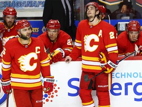 Calgary Flames Sean Monahan react after a goal was disallowed against the Colorado Avalanche in game two of the Western Conference First Round during the 2019 NHL Stanley Cup Playoffs at the Scotiabank Saddledome in Calgary on Friday, April 19, 2019. Al Charest/Postmedia