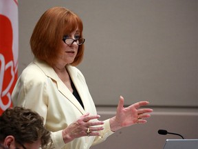Councillor Diane Colley-Urquhart asks questions during a Calgary council session on Monday April 1, 2019.