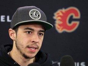 Calgary Flames forward Johnny Gaudreau talks with media as the team cleaned out their lockers on Monday April 22, 2019, following the Flames' early exit from the Stanley Cup playoffs.  Gavin Young/Postmedia