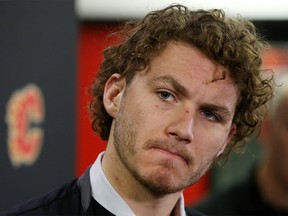 Calgary Flames forward Matthew Tkachuk talks with media as the team cleaned out their lockers on Monday April 22, 2019, following the Flames' early exit from the Stanley Cup playoffs.