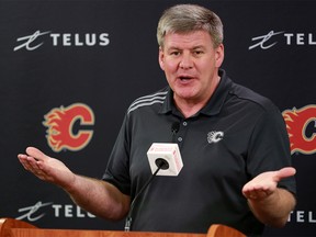 Calgary Flames head coach Bill Peters talks with media after the team cleaned out their lockers on Monday April 22, 2019. Gavin Young/Postmedia