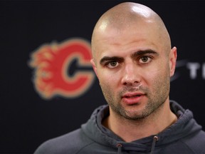 Calgary Flames captain Mark Giordano talks with media as the team cleaned out their lockers on Monday April 22, 2019, following the Flames' early exit from the Stanley Cup playoffs.  Gavin Young/Postmedia