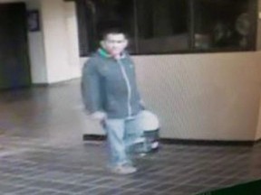 Surveillance image of a suspect wanted in connection with a break-in at the Lethbridge courthouse on Sunday, April 14, 2019.