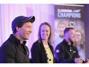 (L-R) Andrew Kurka, Cindy Klassen and Bo Levi Mitchell speak at the 2019 Classroom Champions luncheon held at Sheraton Suites Eau Claire in Calgary on Friday, April 12, 2019. Classroom Champions works to bring together children and the world's best to learn the skills they need to succeed in and out of the classroom. Jim Wells/Postmedia