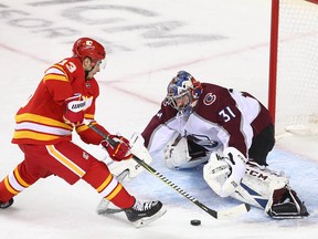 Flames Johnny Gaudreau misses on a penalty shot on Avalanche goalie Philipp Grubauer during game five between the Colorado Avalanche and Calgary Flames in Calgary on Friday, April 19, 2019. Jim Wells/Postmedia