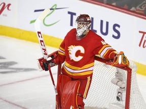 Flames goalie Mike Smith waits out a video replay on a Flames goal during game five between the Colorado Avalanche and Calgary Flames in Calgary on Friday, April 19, 2019. The goal was denied. Jim Wells/Postmedia