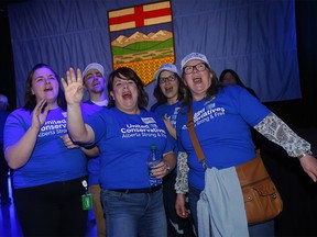 Alberta United Conservative supporters cheer on leader Jason Kenney on election night at Big Four Roadhouse on the Stampede grounds in Calgary on Tuesday, April 16, 2019. Darren Makowichuk/Postmedia