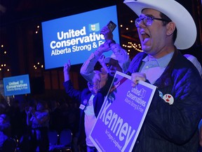 Alberta United Conservative supporters cheer on leader Jason Kenney on election night at Big Four Roadhouse on the Stampede grounds in Calgary on Tuesday, April 16, 2019. Darren Makowichuk/Postmedia