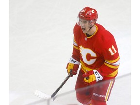 Calgary Flames' Mikael Backlund scores a goal on Colorado Avalanche goalie, Philipp Grubauer in third period action of game 1 of the NHL Play-Offs at the Scotiabank Saddledome in Calgary on Thursday, April 11, 2019. Darren Makowichuk/Postmedia