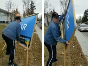 Stills from a video posted to Twitter by Alberta Party candidate Gar Gar showing a landlord destroying a campaign sign.