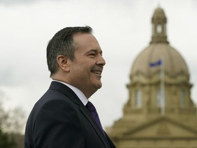 Alberta Premier-Designate Jason Kenney arrives outside the Alberta Legislature building in Edmonton on Wednesday April 17, 2019 for a news conference, the day after his United Conservative Party was elected to govern the province.
