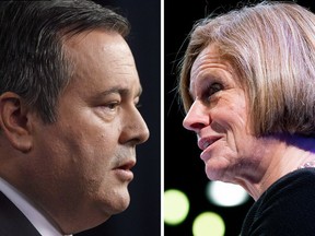 Forum Research surveyed 1,132 Alberta voters and found some 55 per cent of voters support Jason Kenney (left) and the United Conservative Party over Premier Rachel Notley (right) and the New Democrats.