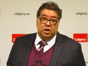 Mayor Naheed Nenshi speaks to reporters following an update to the YYC Matters website with answers from political parties. The answers are available at yycmatters.ca. Friday, April 5, 2019. Brendan Miller/Postmedia