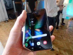 The Samsung Galaxy Fold smartphone is seen during a media preview event in London, Tuesday April 16, 2019.