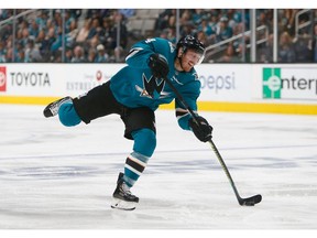 SAN JOSE, CA - APRIL 28: Gustav Nyquist #14 of the San Jose Sharks shoots the puck against the Colorado Avalanche in Game Two of the Western Conference Second Round during the 2019 NHL Stanley Cup Playoffs at SAP Center on April 28, 2019 in San Jose, California.