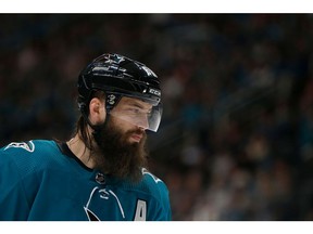 SAN JOSE, CA - APRIL 28: Brent Burns #88 of the San Jose Sharks looks on during Game Two of the Western Conference Second Round during the 2019 NHL Stanley Cup Playoffs at SAP Center on April 28, 2019 in San Jose, California.
